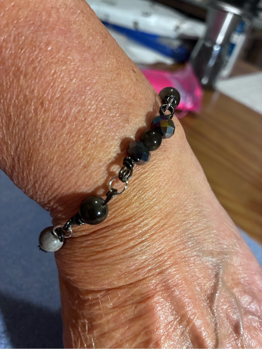 Silver Obsidian Bead Bracelet with Faceted Accents